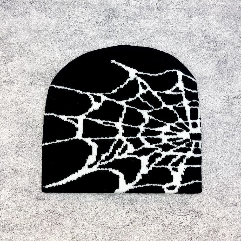 y2k 2000s black & white grunge gothic spiderweb beanie - Picture 4 of 6